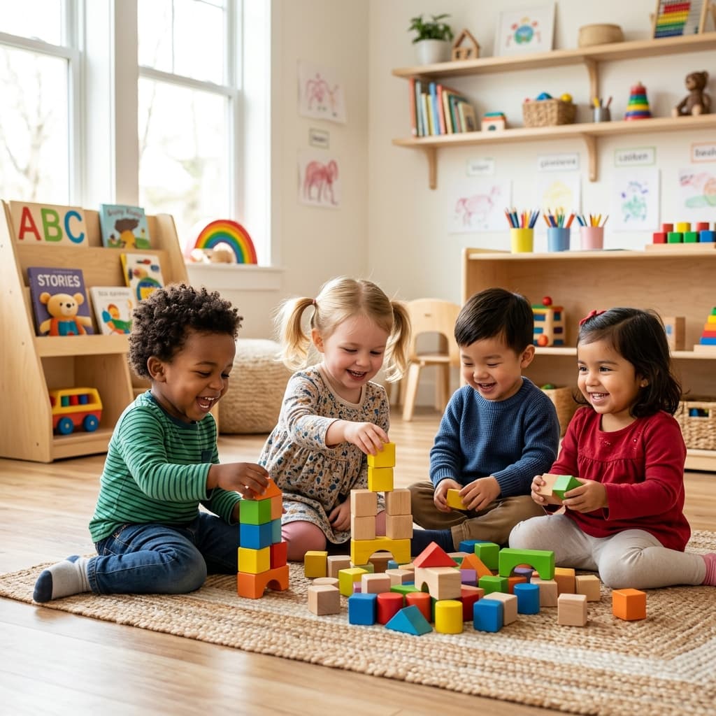 Happy toddlers playing in a modern preschool classroom
